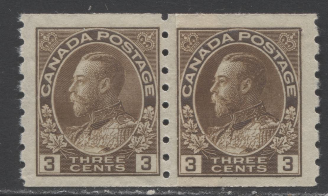Lot 326 Canada #129i 3c Brown King George V, 1912-1924 Admiral Coil Issue, A VFNH Paste-Up Coil Pair, Perf 8 Vertical, Wet Printing, Natural Gum Streaks