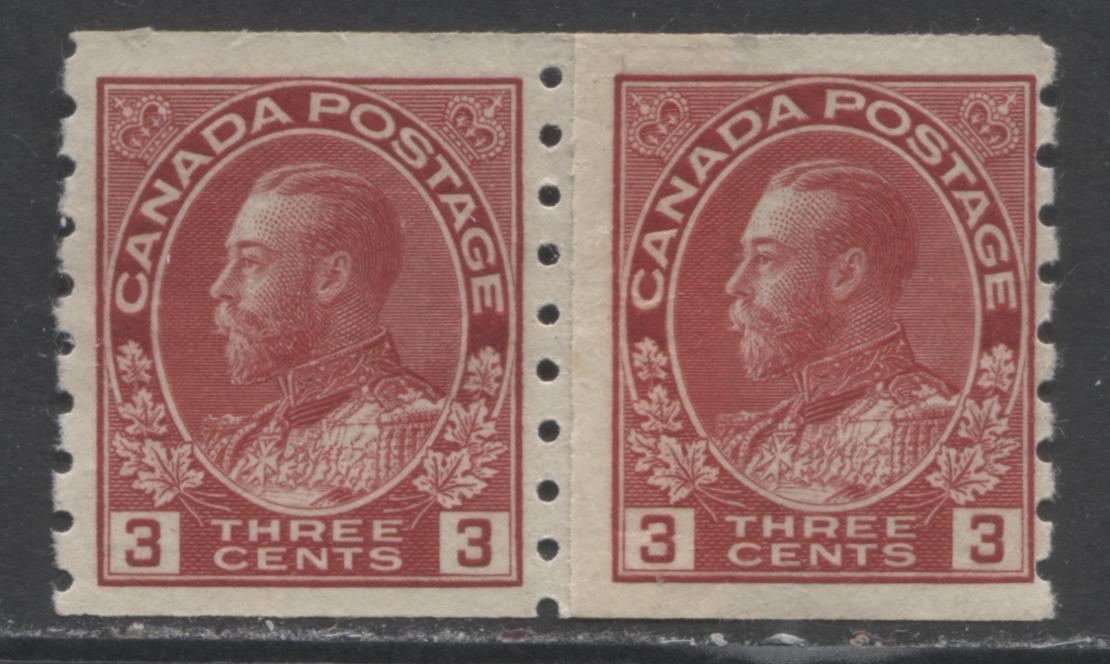Lot 327 Canada #130i 3c Carmine King George V, 1912-1924 Admiral Coil Issue, A Fine NH Paste-Up Coil Pair, Die 1 Wet Printing, Perf 8 Vertical