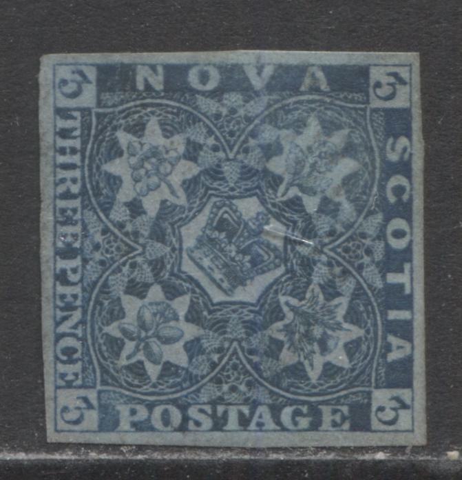 Lot 327 Nova Scotia #3 3d Dark Blue Crown and Flowers, 1851-1857 Pence Issue, A Fine Used Example,Tiny Margin Split To Left of "N" of "Nova"