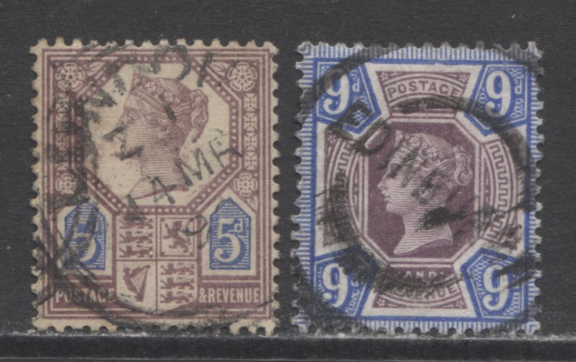 Lot 327 Great Britain SC#118a/120 1887-1892 Jubilee Issue, Fine Used Examples of the 9d and 5d Type 1, 2022 Scott Classic Cat. $193.5 USD, Click on Listing to See ALL Pictures