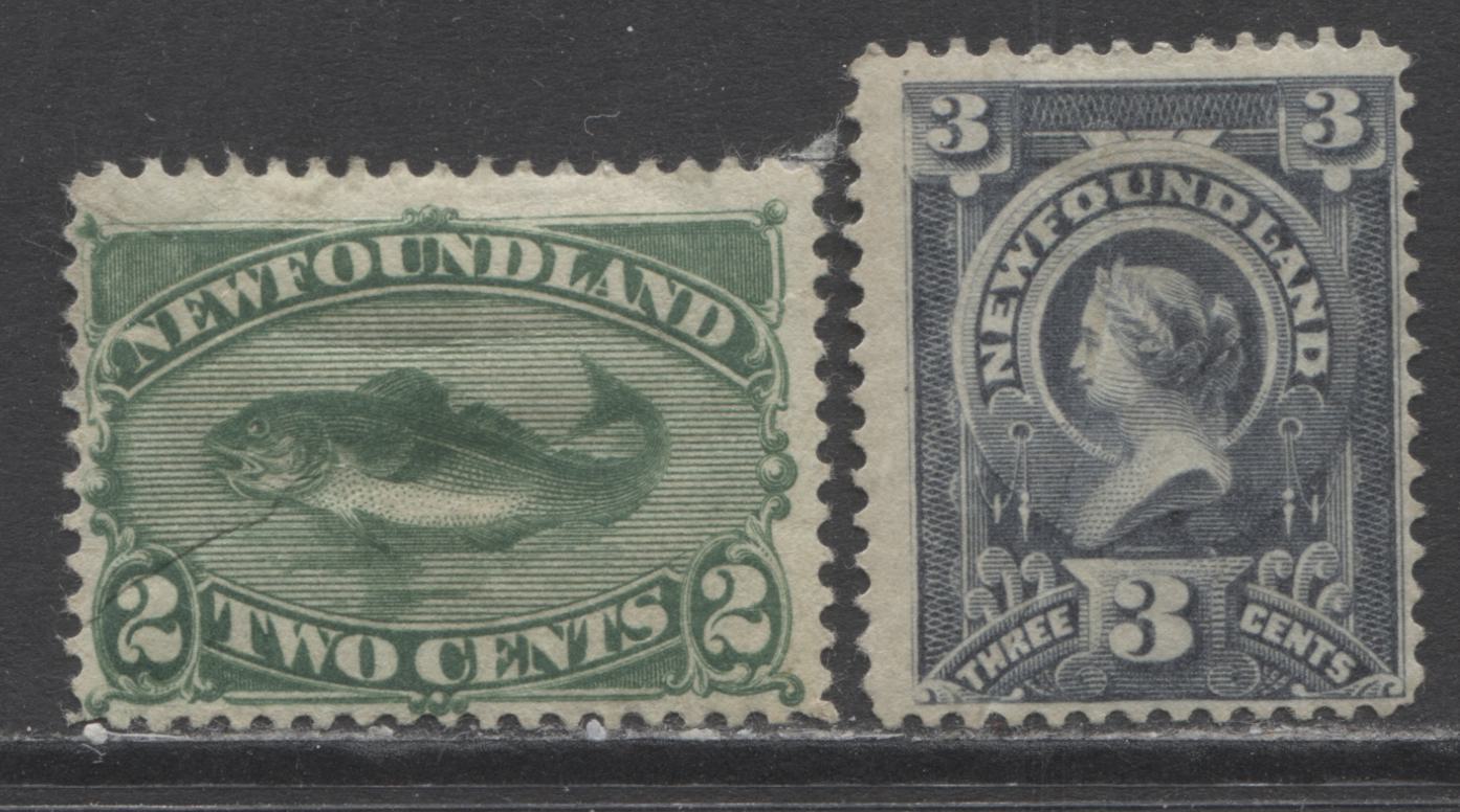 Lot 328 Newfoundland #47, 60 2c - 3c Green - Slate Codfish & Queen Victoria, 1880-1896 Third Cents Issue, 2 FOG Singles With Pre-Printing Paper Creases