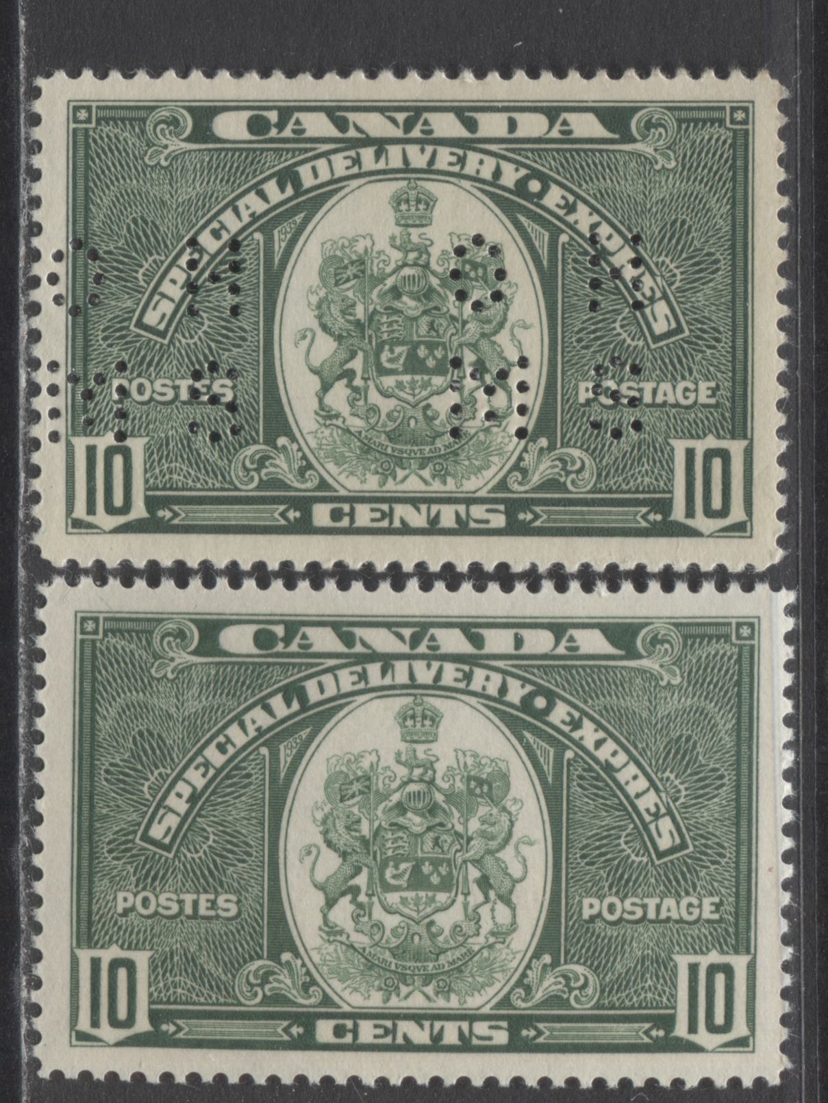 Lot 328 Canada #E7, O9-E7 10c Dark Green Coat Of Arms, 1939 Special Delivery & 4 Hole OHMS Perfin Special Delivery Issue, 2 VFNH Singles On Vertical Wove Papers With Brownish Cream Gum, Position A