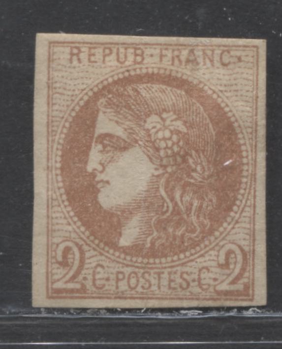Lot 328 France SC#39 2c Red Brown On Yellowish Paper 1870-1871 Imperf Bordeaux Definitive Issue, A FOG Example, 2022 Scott Classic Cat. $225 USD, Net Est. $110, Click on Listing to See ALL Pictures