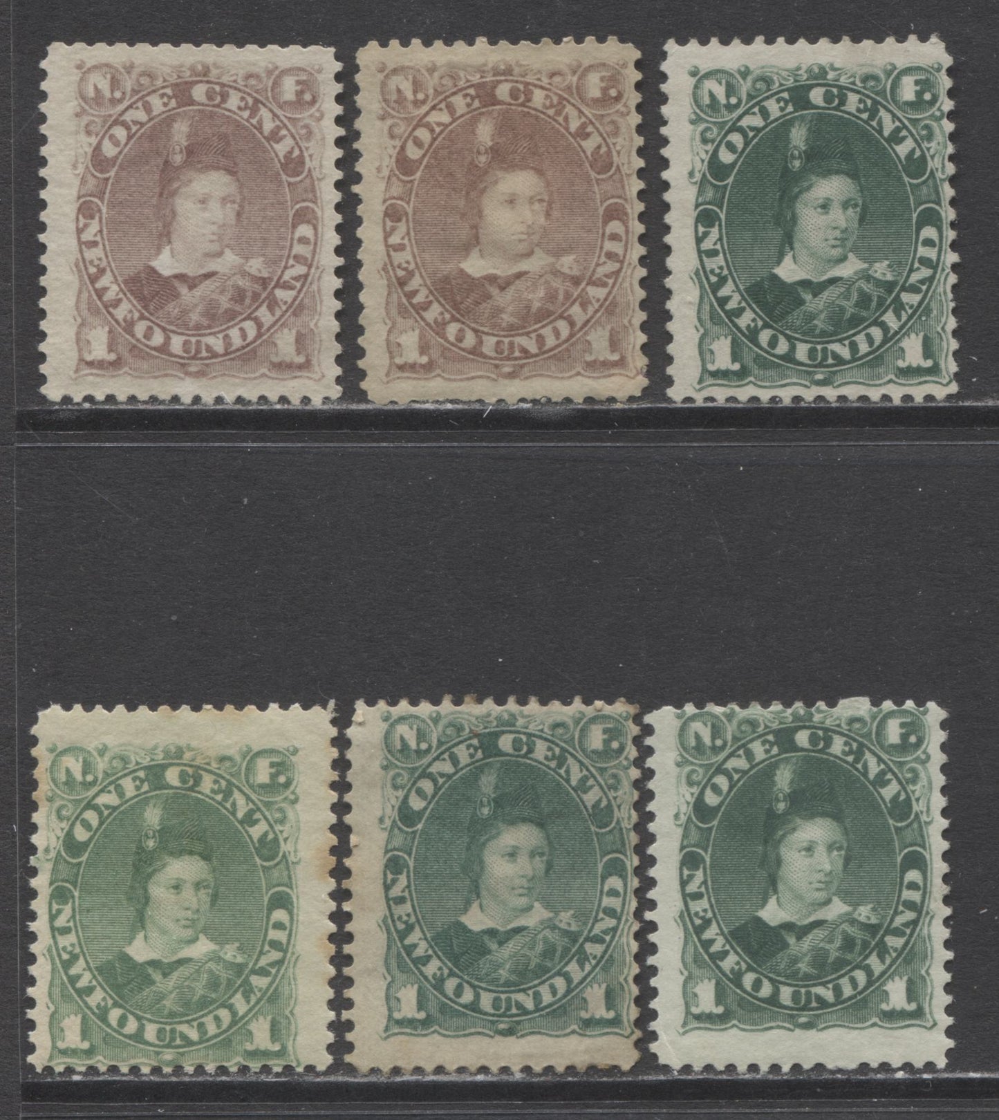 Lot 330 Newfoundland #41, 44, 45, 45A 1c Violet Brown, Deep Green, Green & Yellow Green Edward, 1880-1896 Third Cents Issue, 6 Very Good - Fine Unused & OG Singles, Showing Different Shades and Papers