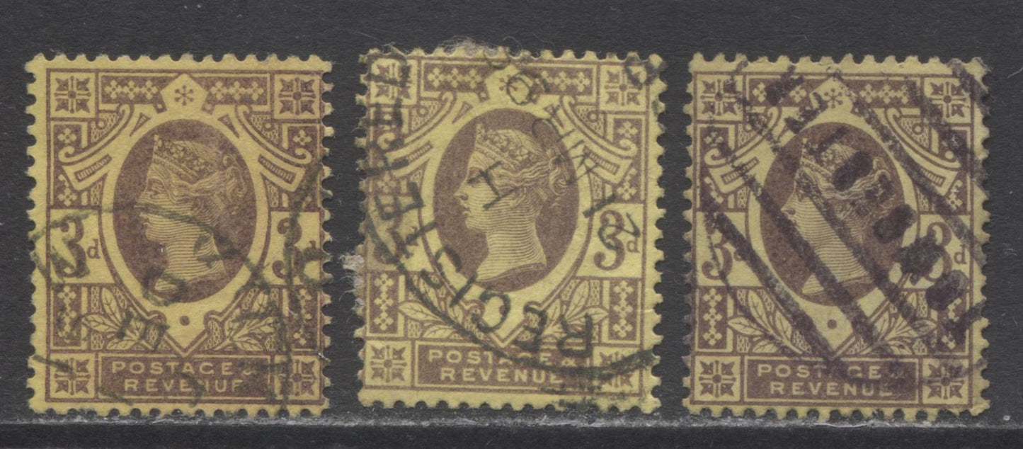 Lot 330 Great Britain SC#115-115a 3d Purple on Yellow and Purple on Orange, 1887-1892 Jubilee Issue, A Fine Used Range Of Singles, 2017 Scott Cat. $182 USD, Click on Listing to See ALL Pictures