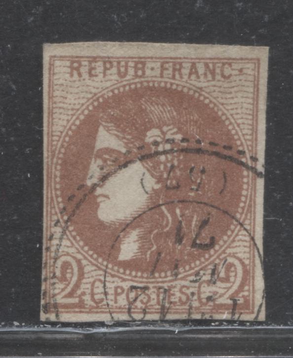 Lot 330 France SC#39 2c Red Brown 1870-1871 Imperf Bordeaux Definitive Issue, A Fine Used Example, 2022 Scott Classic Cat. $225 USD, Net Est. $110, Click on Listing to See ALL Pictures
