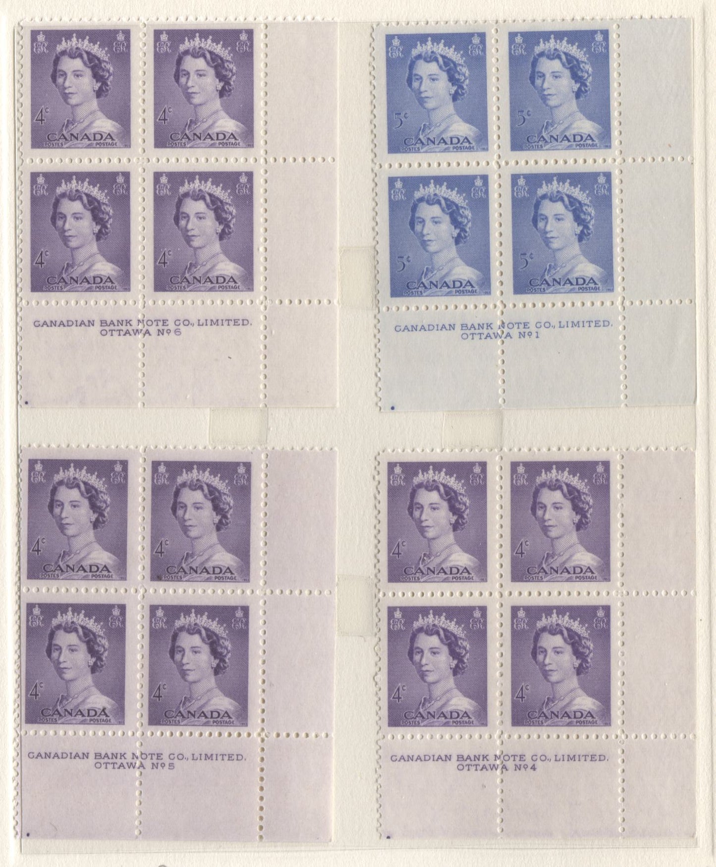 Lot 33 Canada #328-330 4c & 5c Violet & Ultramarine Queen Elizabeth II, 1953 Karsh & Coronation Issues, 7 F/VFNH LR Plates 1-6 Blocks Of 4