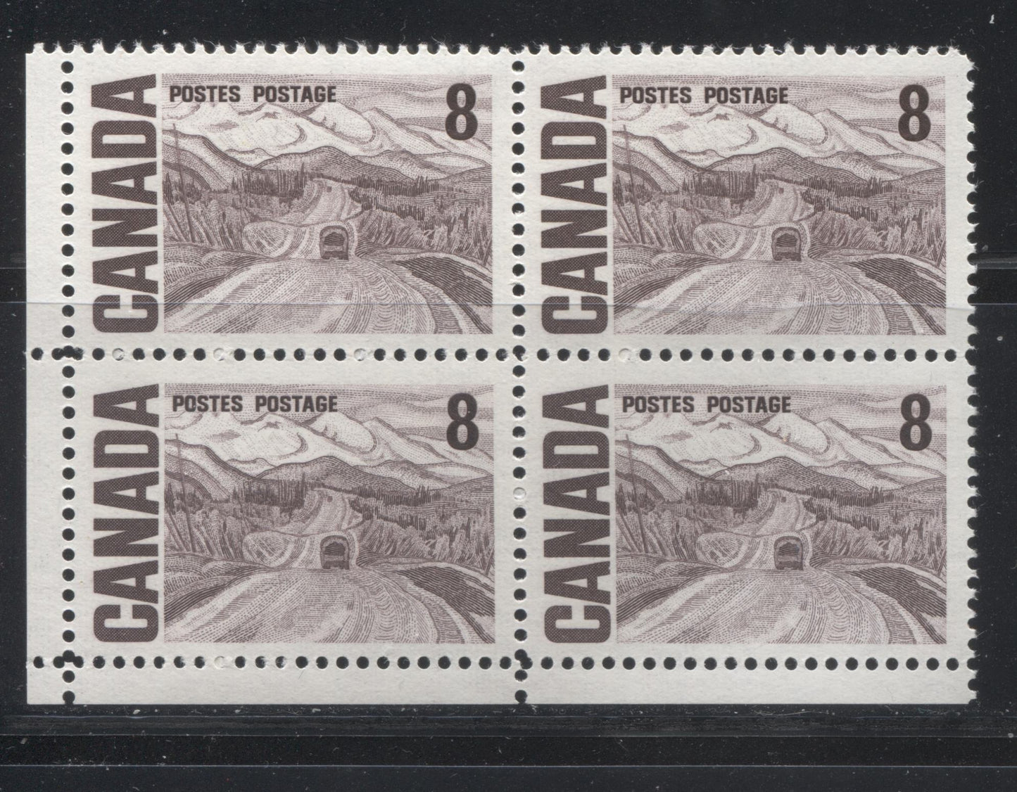 Lot 33 Canada #461ii 8c Violet Brown Alaska Highway, 1967-1973 Centennial Definitive Issue, A VFNH LL Field Stock Block Of 4 On HB12 Horizontal Wove, Vertical Ribbed Paper With Smooth Dex Gum