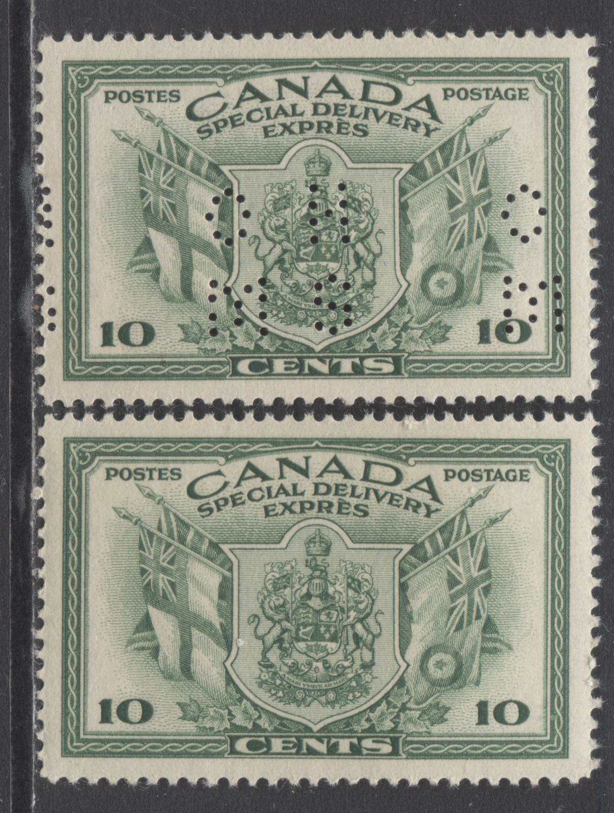 Lot 331 Canada #E10, O10-E10 10c Green Coat Of Arms & Flags, 1942 Special Delivery & 4 Hole OHMS Perfin Special Delivery Issue, 2 VFNH Singles On Horizontal Wove Paper With Deep Cream Gum, Position A