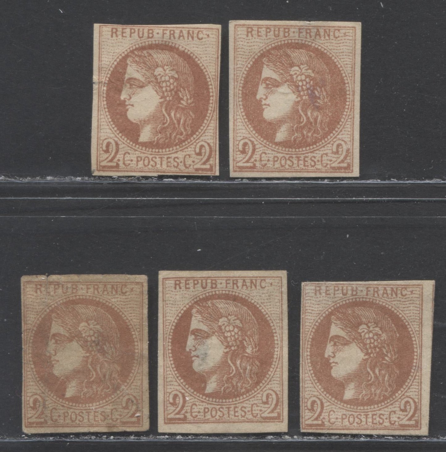 Lot 331 France SC#39 2c Red Brown 1870-1871 Imperf Bordeaux Definitive Issue, A Ungraded Shade Study Lot, 2022 Scott Classic Cat. $550 USD, Net Est. $30, Click on Listing to See ALL Pictures