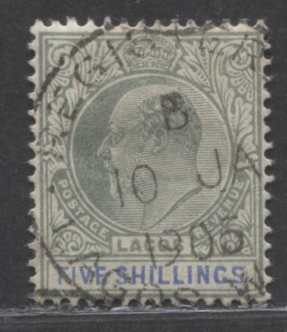 Lot 332 Lagos SG#52 (SC#48) 5/- Dull Green and Ultramarine, King Edward VII, 1903-1904 Crown CA Watermarked Issue, a VF Used Example, January 10, 1905 Registered Cancel, 2022 Scott Classic Cat. $350 USD, Click on Listing to See ALL Pictures