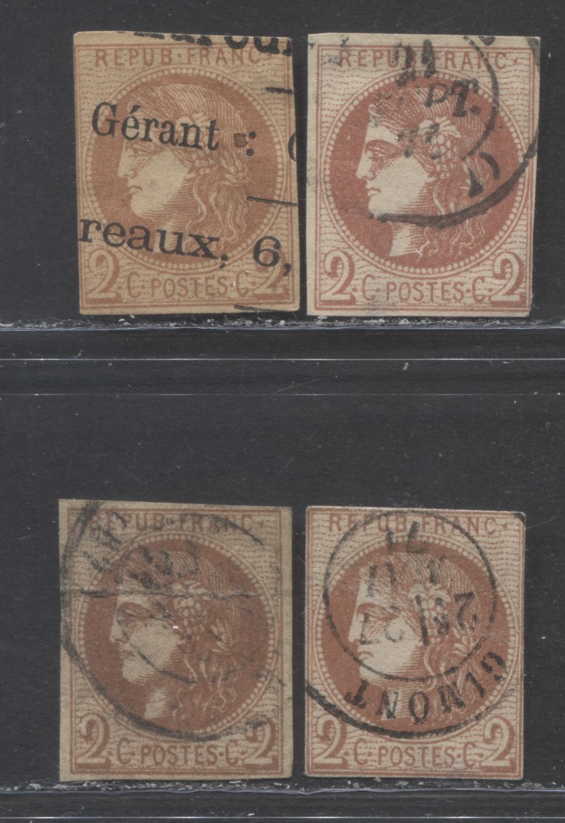 Lot 332 France SC#39 2c Red Brown 1870-1871 Imperf Bordeaux Definitive Issue, A Ungraded Study Lot, 2022 Scott Classic Cat. $900 USD, Net Est. $45, Click on Listing to See ALL Pictures