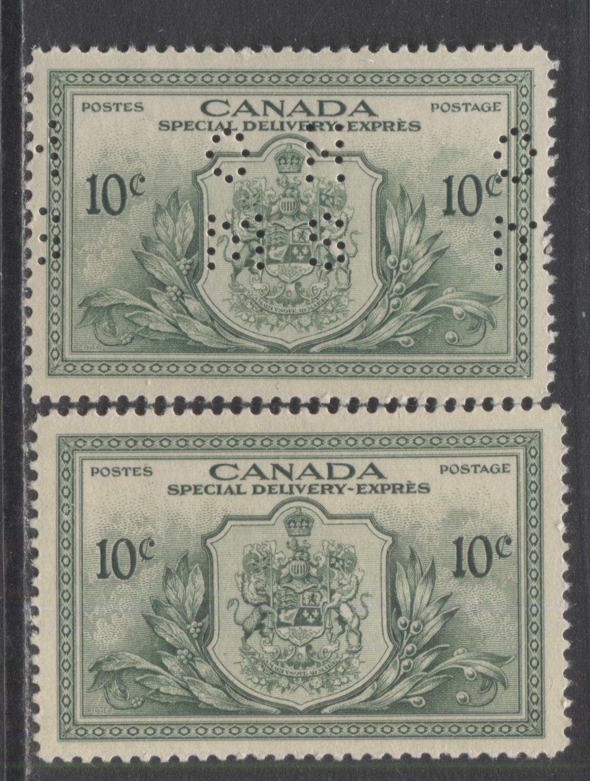 Lot 332 Canada #E11, O10-E10 10c Green Coat Of Arms & Peace, 1946 Special Delivery & 4 Hole OHMS Perfin Special Delivery Issue, 2 VFNH Singles On Horizontal Wove Paper With Cream Gum, Position A