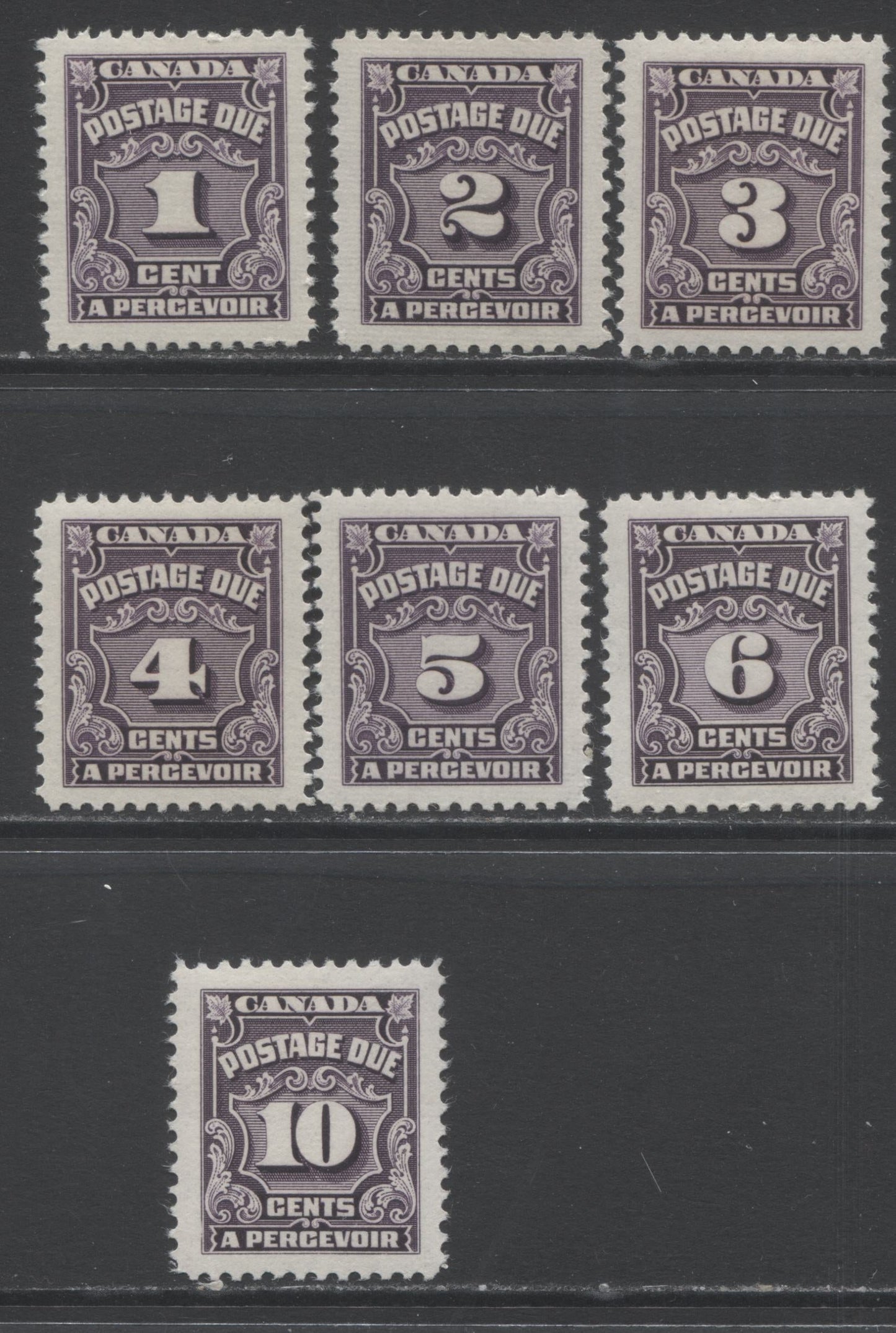 Lot 334 Canada #J15-J20 1c - 10c Dark Violet, 1935-1965 Fourth Postage Due Issue, 7 VFNH Singles, Light Gum Disturbances on Some