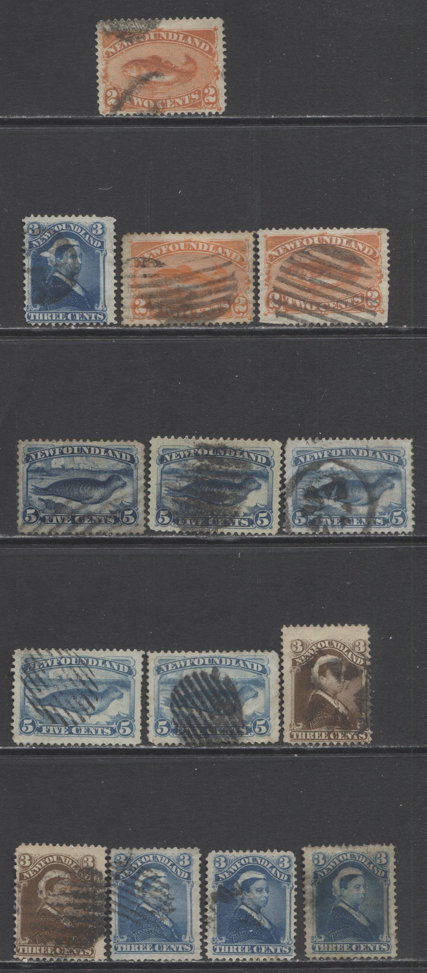 Lot 334 Newfoundland #48, 49, 51, 53-55 2c - 5c Red Orange - Bright Blue Codfish - Harp Seal, 1880-1896 Third Cents Issue, 15 Generally Good- Very Good Used Singles With Different Papers & Shades