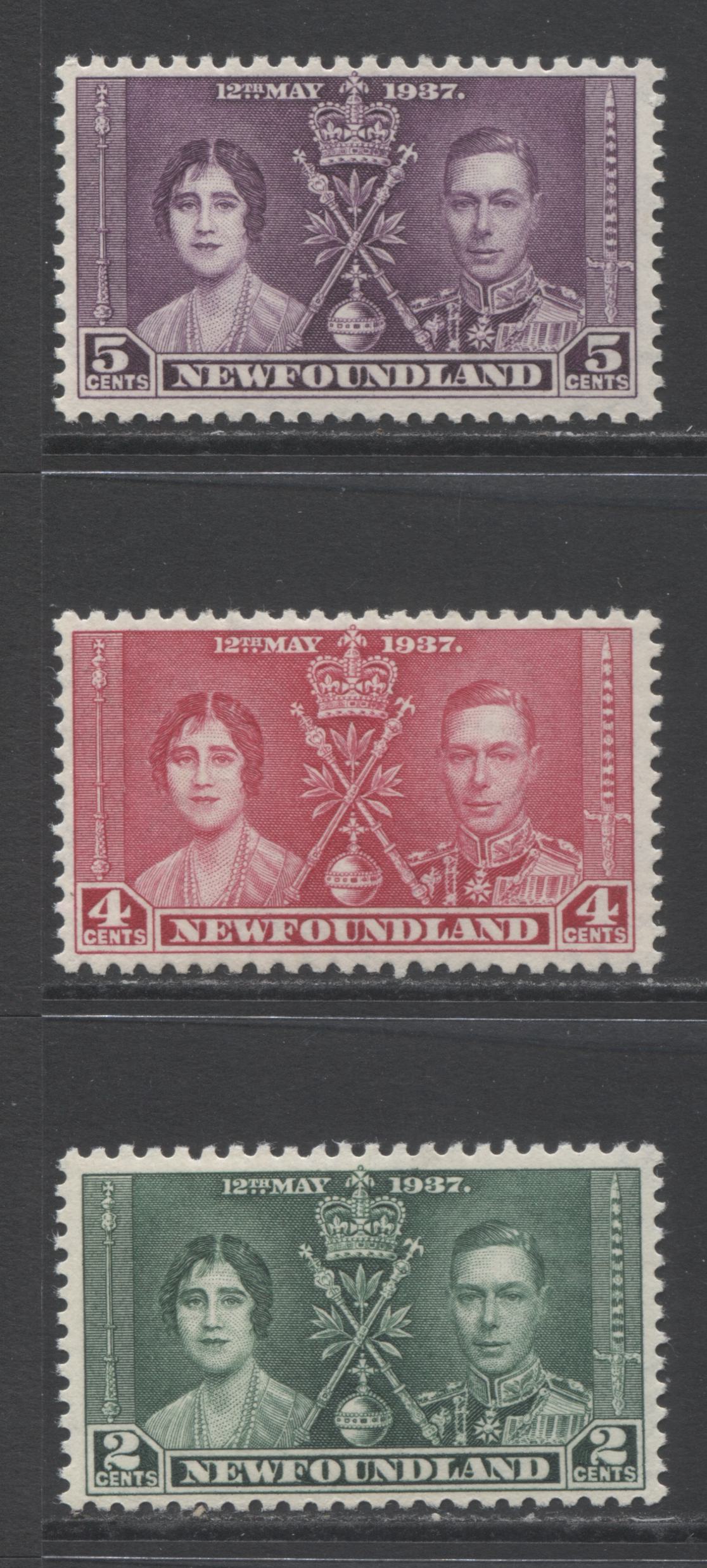 Lot 336 Newfoundland #230-232 2c-5c Deep Green - Dark Violet Queen Elizabeth & King George VI, 1937 Coronation Omnibus Issue, 3 VFNH Singles