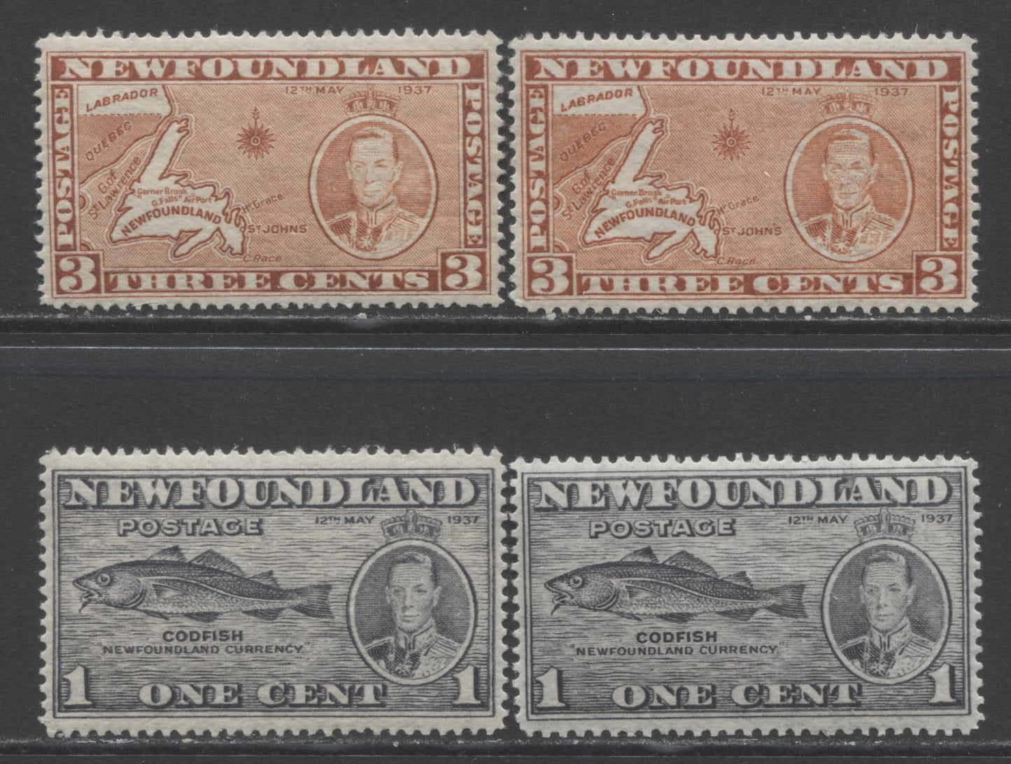 Lot 337 Newfoundland #233, 234, 234a 1c & 3c Gray Black & Orange Brown Codfish & Newfoundland Map, 1937 Long Coronation Issue, 4 VFNH Singles Showing Different Perfs, Both Dies & Major Re-Entry