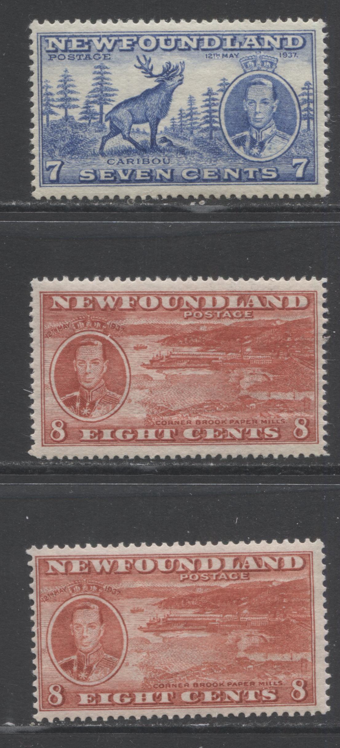 Lot 339 Newfoundland #235, 236, 236d 7c & 8c Bright Ultramarine & Scarlet Caribou & Corner Brook Paper Mill, 1937 Long Coronation Issue, 3 Fine NH and VFNH Singles Showing Different Perfs