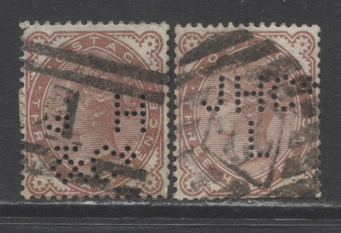 Lot 340 Great Britain SC#80 1.5d Red Brown Queen Victoria, 1880-1881 Surface Printed Issue, Very Good and Fair Used Singles With Private Perfins, Est. $10, Click on Listing to See ALL Pictures