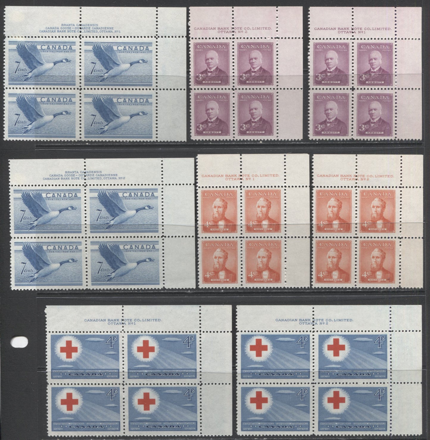 Lot 34 Canada #315-317, 322-326, 330 2c - 7c Abott - Canada Goose, 1952 Prime Ministers, Red Cross, Wildlife, & Karsh Issues, 12 VFNH UR Plates 1-2 Blocks Of 4