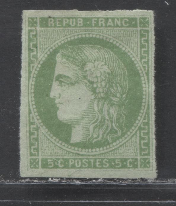 Lot 341 France SC#41 5c Yellow Green On Greenish Paper, Type B 1870-1871 Imperf Bordeaux Definitive Issue, A Good OG Example, 2022 Scott Classic Cat. $250 USD, Net Est. $30, Click on Listing to See ALL Pictures