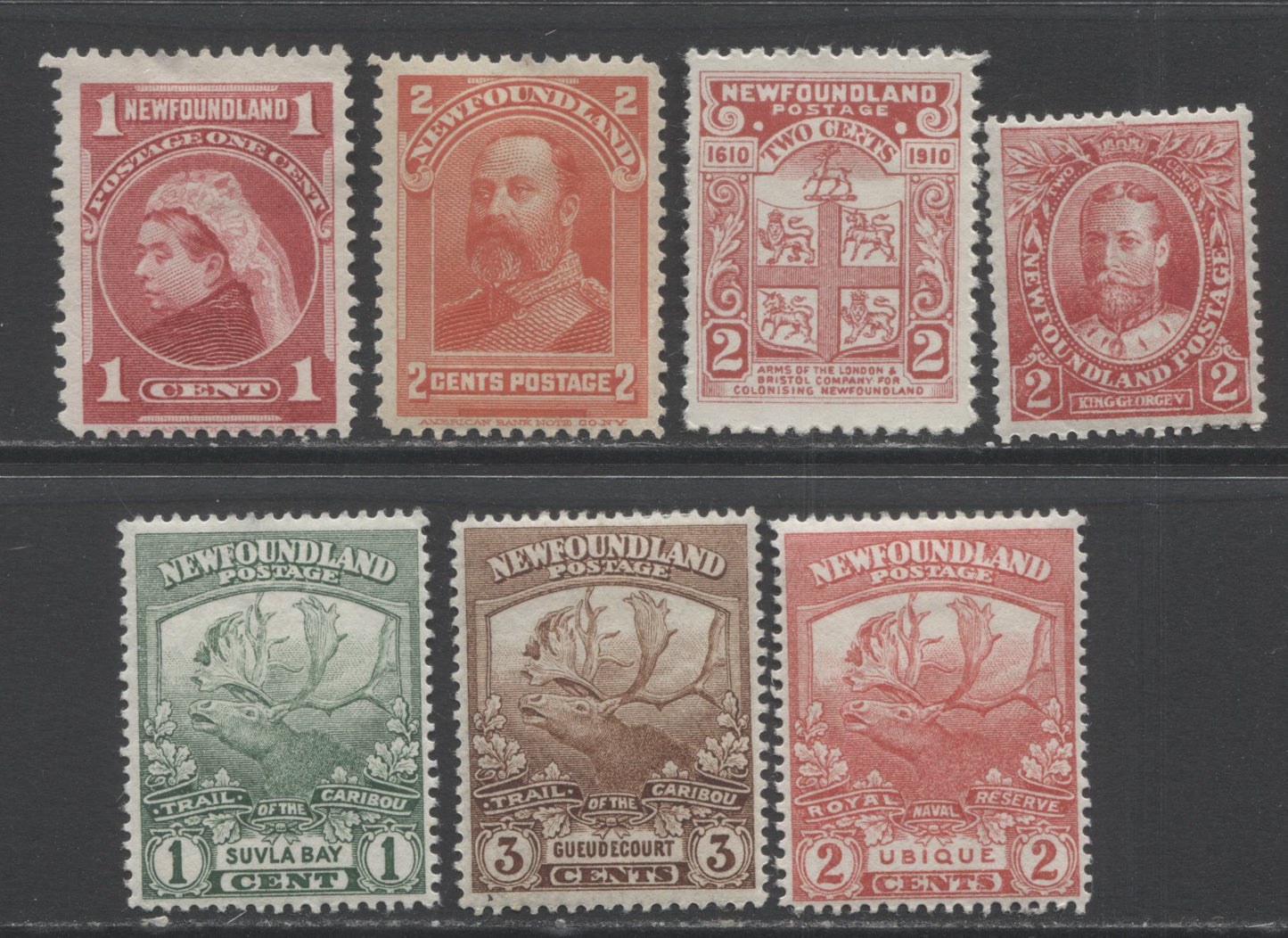 Lot 341 Newfoundland #79, 82, 88, 103b, 115-117 1c - 3c Carmine Rose - Red Brown Queen Victoria, King Edward VII, Coat Of Arms & Caribou, 1897-1919 Commemoratives & Definitives, 7 VG, Fine and VFOG Singles