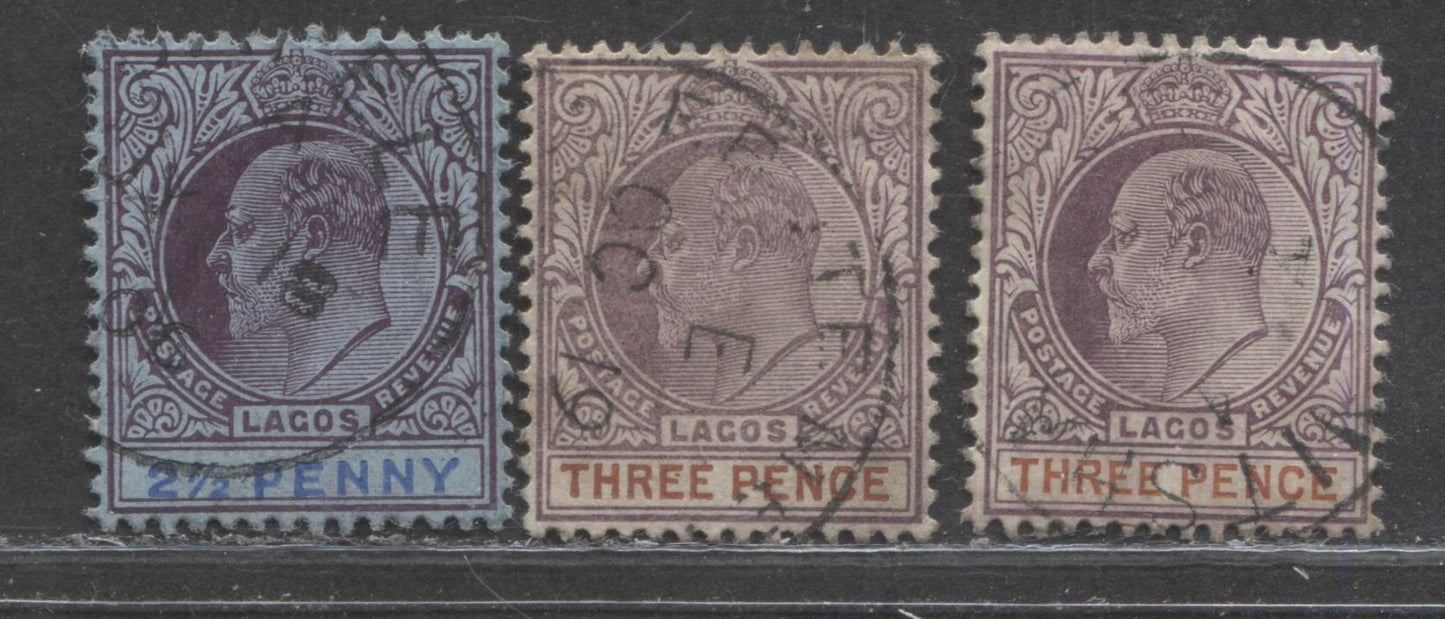 Lot 342 Lagos SG#57, 58-58a (SC#53a, 54-54a)  21/2d-3d King Edward VII, 1904-1906 Multiple Crown CA Issue, Very Fine Used Examples of the Ordinary and Chalky Papers, 2022 Scott Classic Cat. $22 USD,  Click on Listing to See ALL Pictures