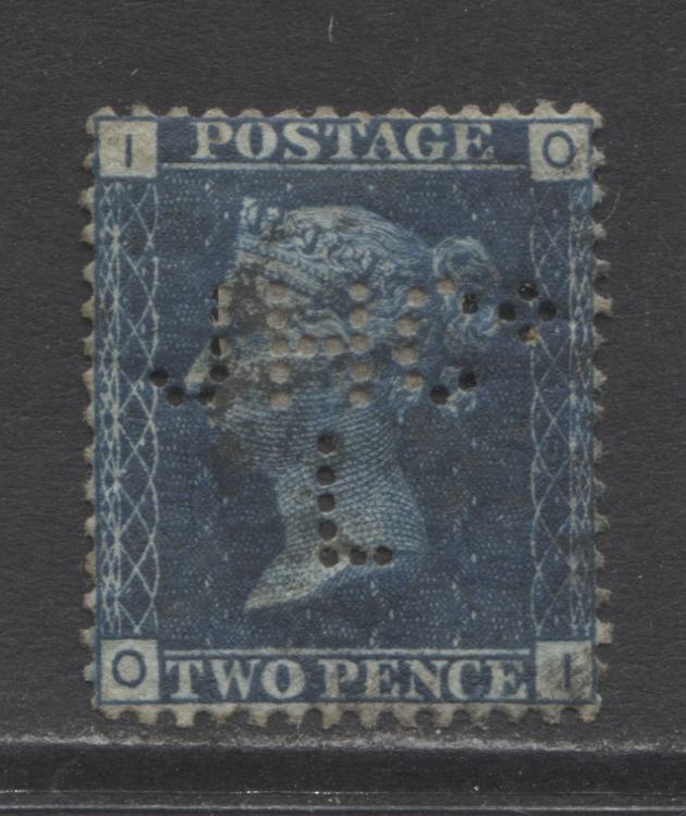 Lot 343 Great Britain SC#30 2p Blue 1869 Line Engraved Issue With Letters in All Corners, A Very Fine Used Example of Plate 15 With Private Perfin, 2022 Scott Classic Cat. $35, Click on Listing to See ALL Pictures