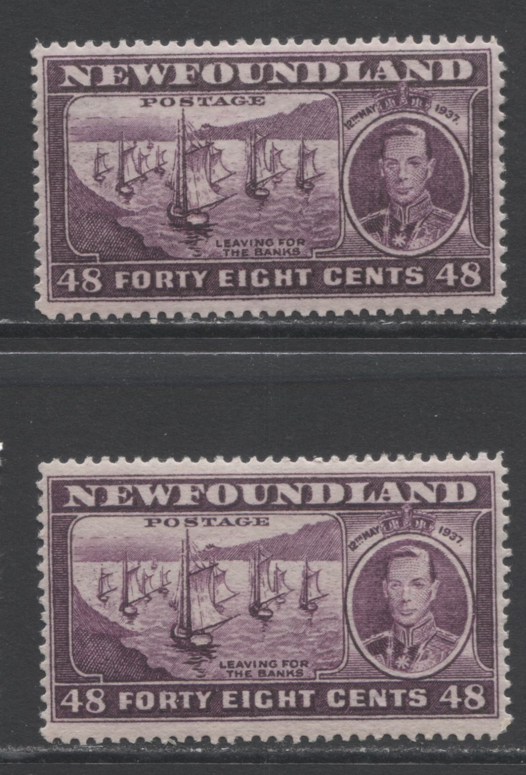 Lot 344 Newfoundland #243 48c Slate Purple Fishing Fleet, 1937 Long Coronation Issue, 2 VFNH Singles Showing Different Perfs