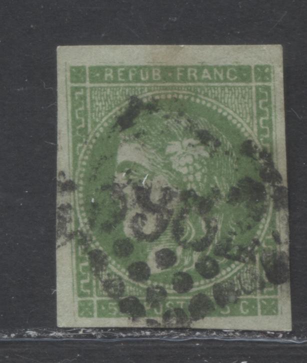 Lot 345 France SC#41 5c Yellow Green On Greenish Paper, Type B 1870-1871 Imperf Bordeaux Definitive Issue, A Very Good Used Example, 2022 Scott Classic Cat. $160 USD, Net Est. $40, Click on Listing to See ALL Pictures