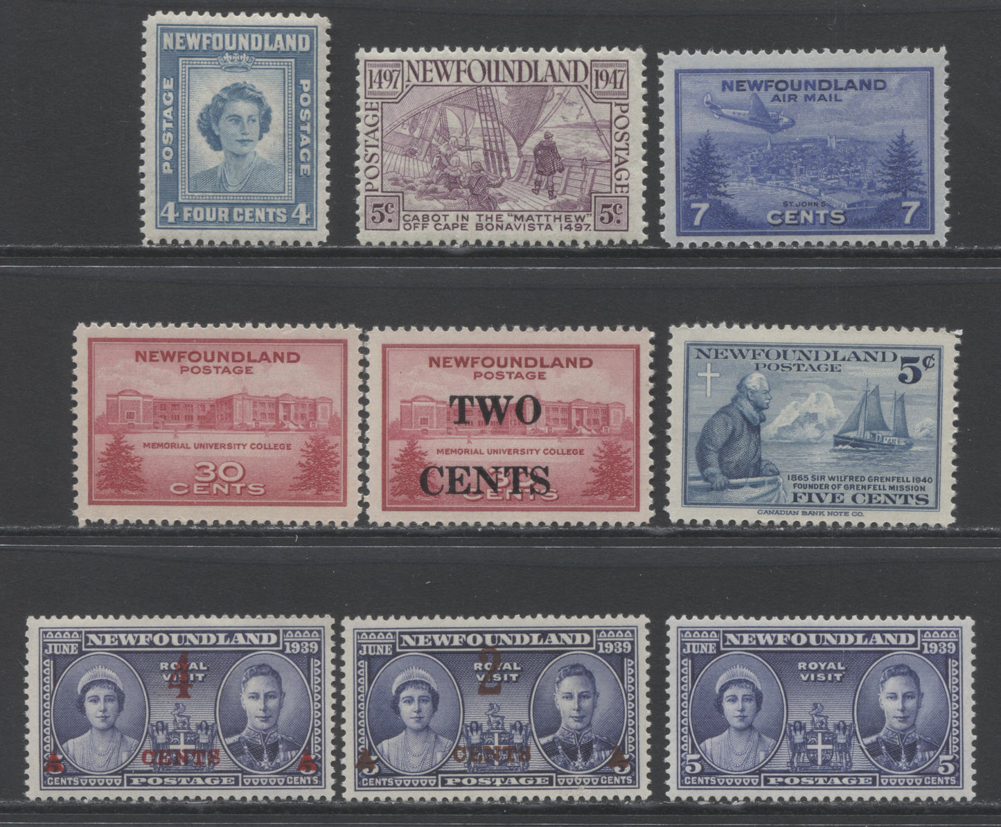 Lot 345 Newfoundland #249-252, 267-270, C19 5c-30c Blue - Carmine Various Subjects, 1939-1947 Commemorative & Airmail Issues, 9 VFNH Singles