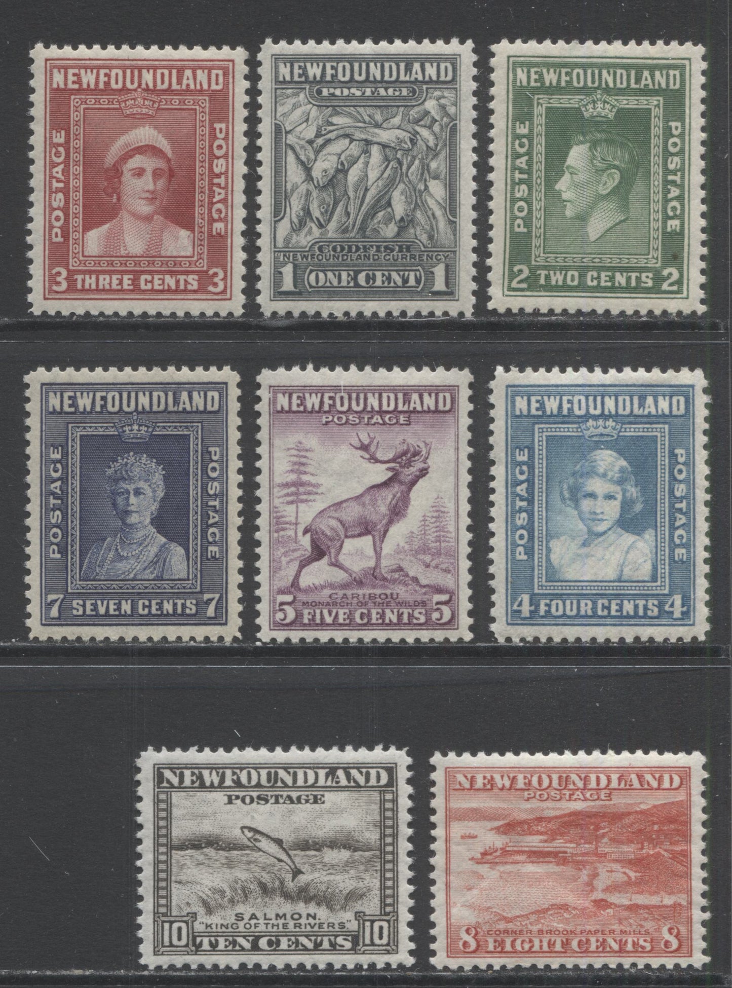 Lot 346 Newfoundland #253-260 1c-10c Dark Gray - Brownish Black Codfish - Salmon Leaping Falls, 1941-1944 Waterlow Re-Printed Definitive Issue, 8 VFNH Singles