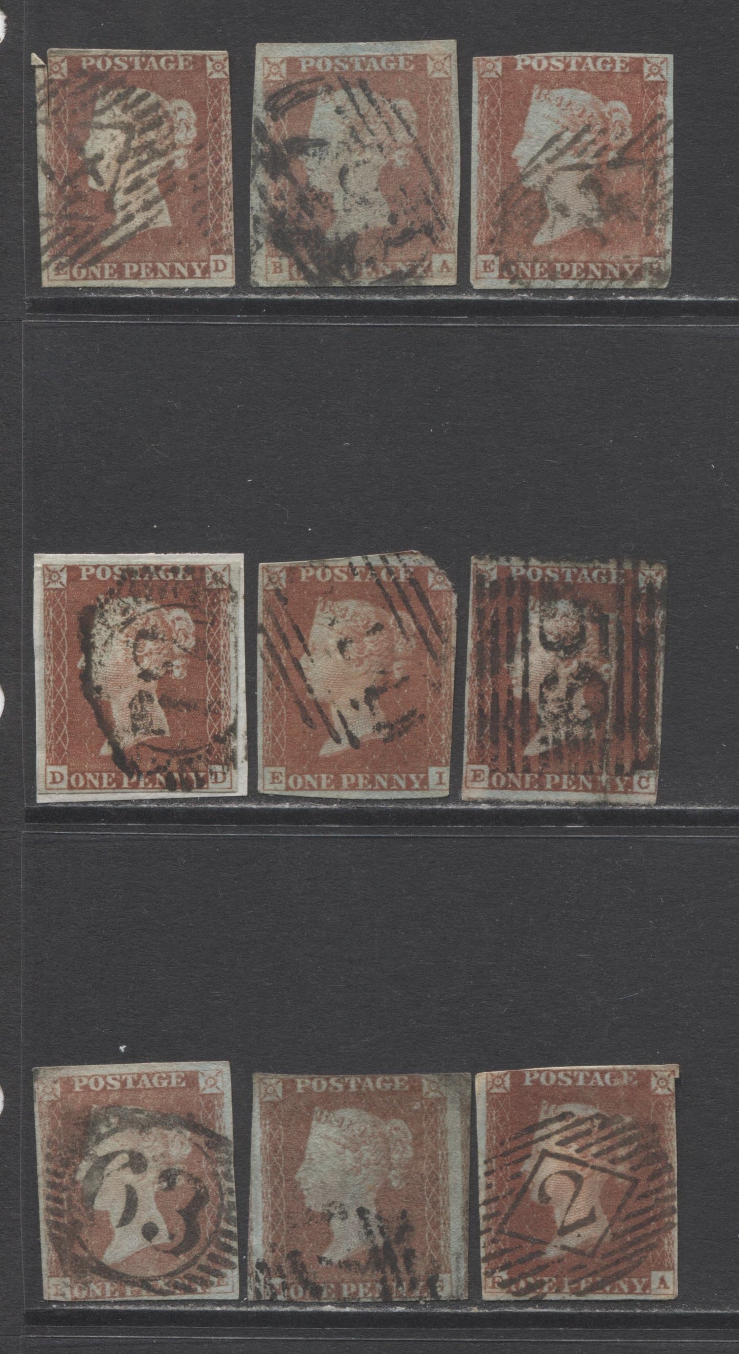 Lot 346 Great Britain SC#3 1841 Red Penny Issue, An Ungraded Study Lot of 9 2-3 Margin Examples, 2017 Scott Cat. $292.50, Est. $20, Click on Listing to See ALL Pictures