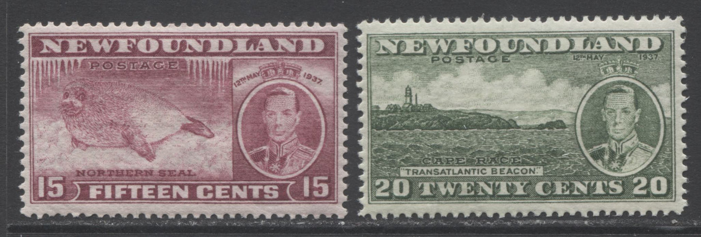 Lot 347 Newfoundland #239b-240 15c & 20c Claret & Green Harp Seal Pup & Cape Race, 1937 Long Coronation Issue, 3 VFNH Singles, Perf 13.4 & Line Perf 13.9