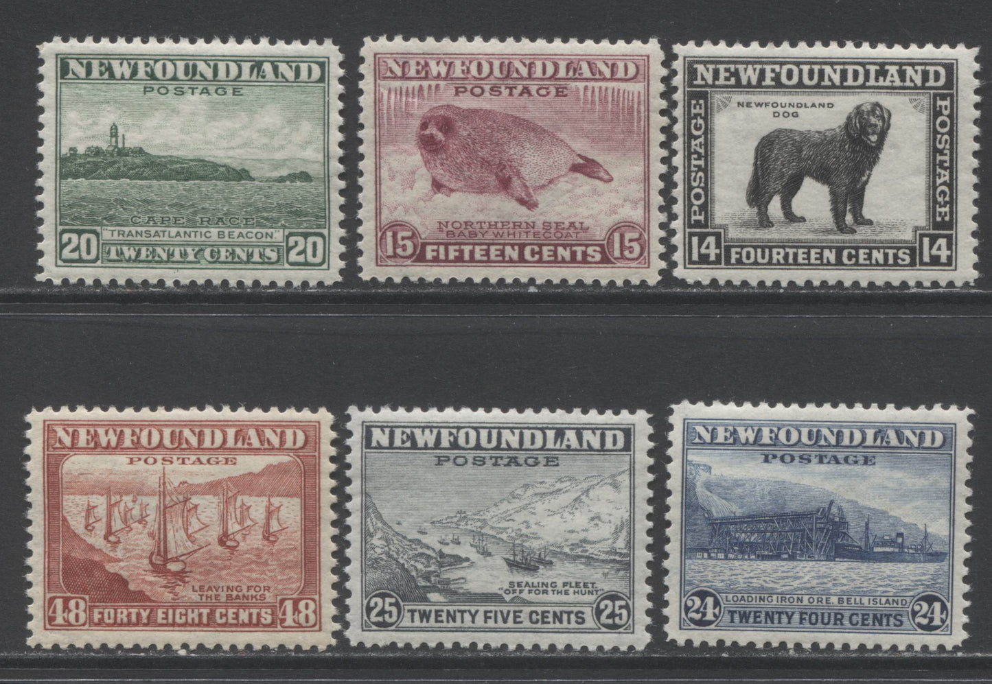 Lot 347 Newfoundland #261-266 14c-48c Black - Red Brown Newfoundland Dog - Fishing Fleet, 1941-1944 Waterlow Re-Printed Definitive Issue, 6 Fine NH and VFNH Singles