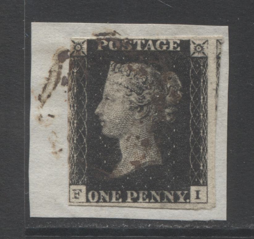 Lot 347 Great Britain SC#1 1d Black Queen Victoria, 1840 Black Penny Issue, A Very Good Used Example on Piece With 3 Margins, 2022 Scott Classic Cat. $375, Est. $50, Click on Listing to See ALL Pictures