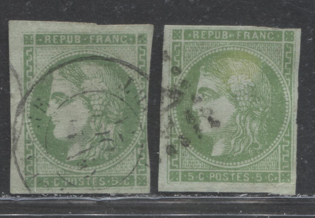 Lot 347 France SC#41 5c Green & Yellow Green, Type B 1870-1871 Imperf Bordeaux Definitive Issue, Two Good Used Examples, 2022 Scott Classic Cat. $320 USD, Net Est. $40, Click on Listing to See ALL Pictures
