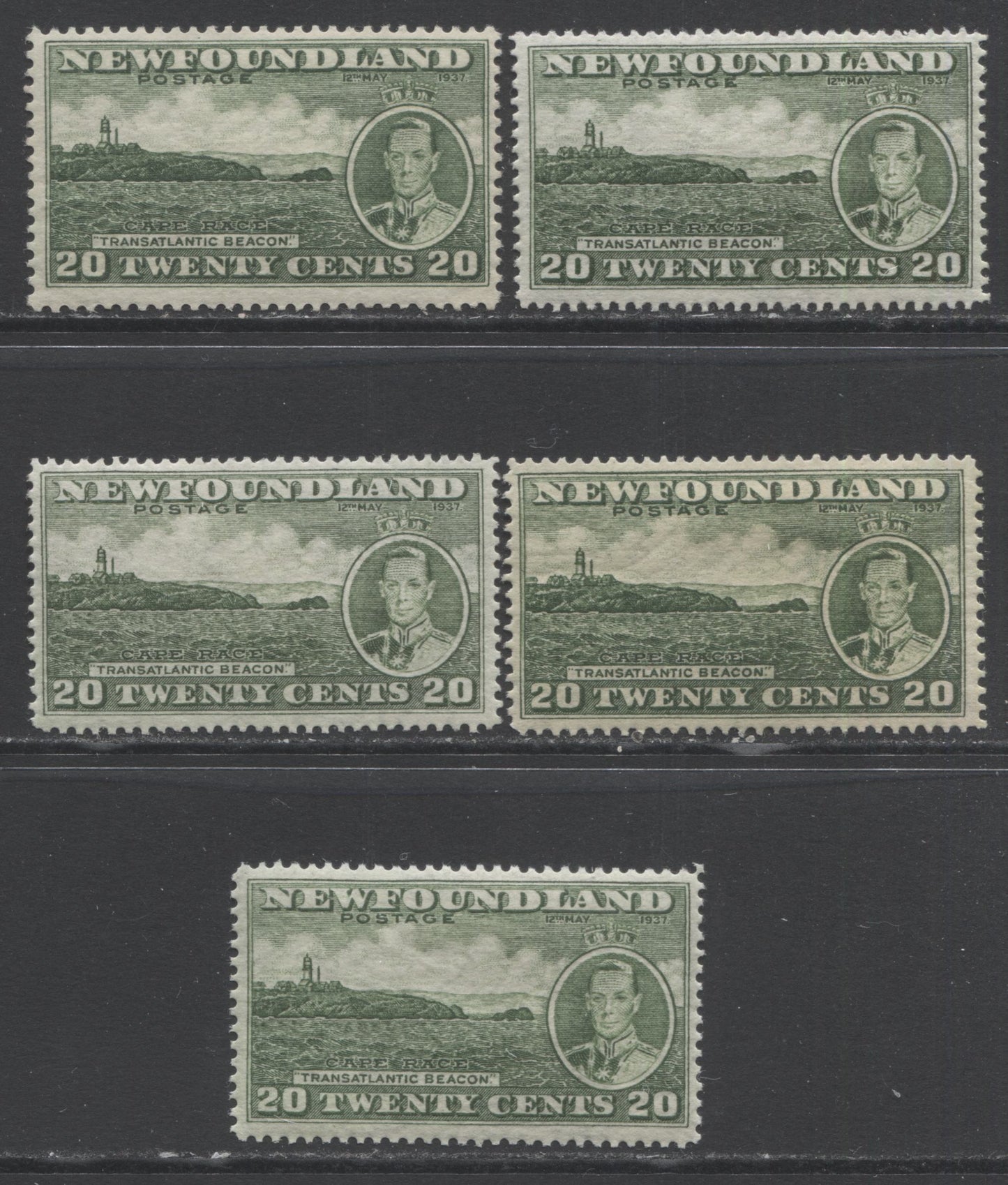 Lot 348 Newfoundland #240 20c Green Cape Race, 1937 Long Coronation Issue, 5 VFOG Singles Showing Various Perfs & Shades