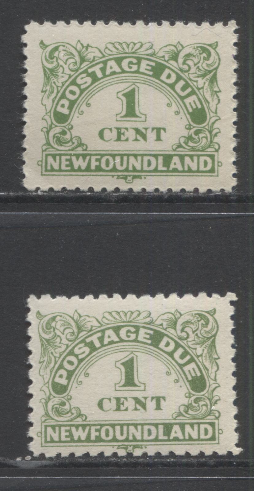 Lot 348 Newfoundland #J1-J1a 1c Yellow Green, 1939 Postage Dues, 2 Fine NH and VFNH Singles Showing Perf 11 & 10-10.5