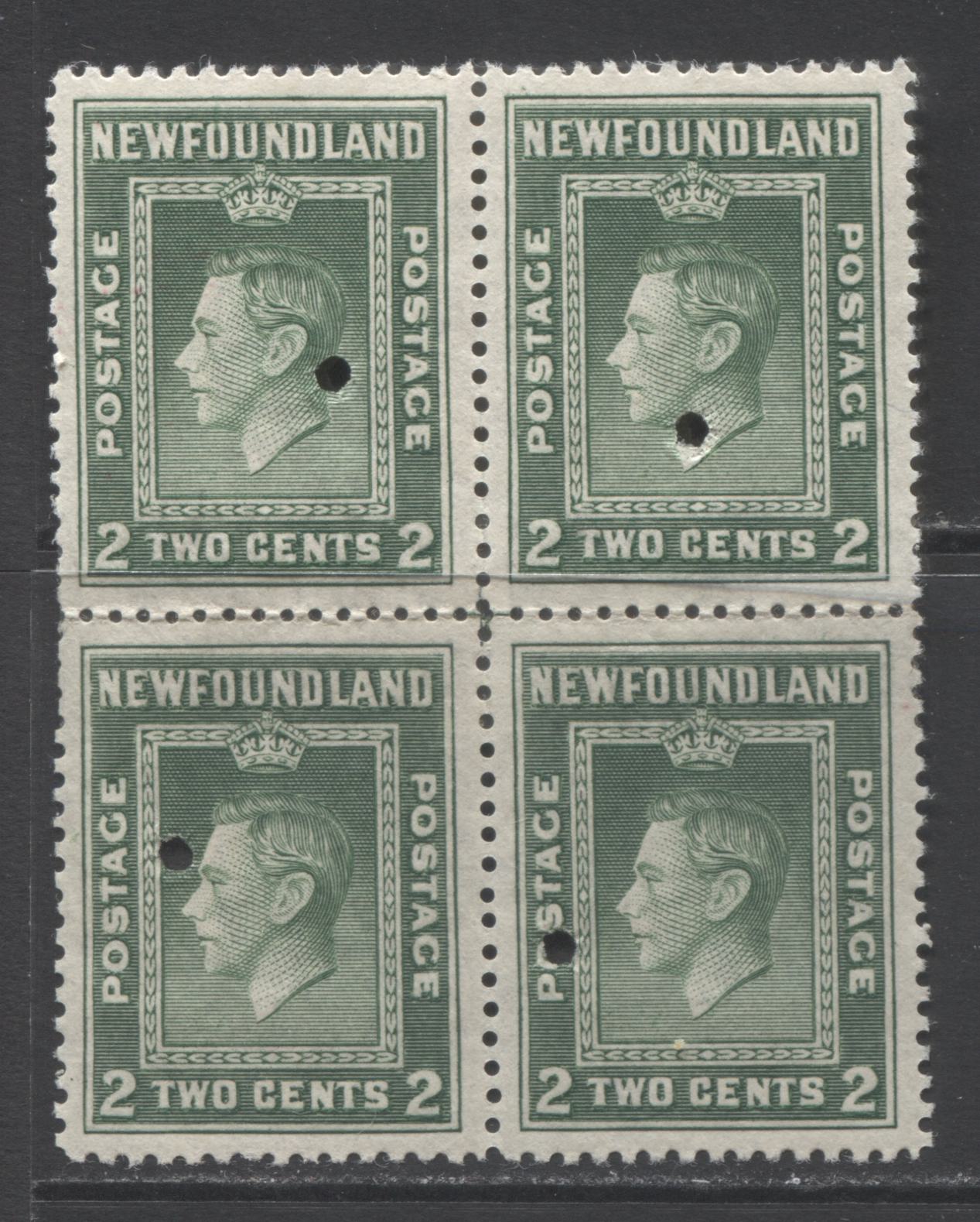 Lot 349 Newfoundland #254var 2c Green King George VI, 1941-1944 Second Resources Issue, A VF Unused Block of 4   Requisition Proof Block of 4 With Perforation Cross Guide Mark