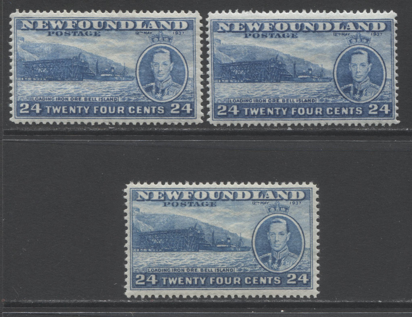 Lot 349 Newfoundland #241 24c Light Blue Loading Ore, 1937 Long Coronation Issue, 3 VFOG Singles Showing Various Perfs & Shades