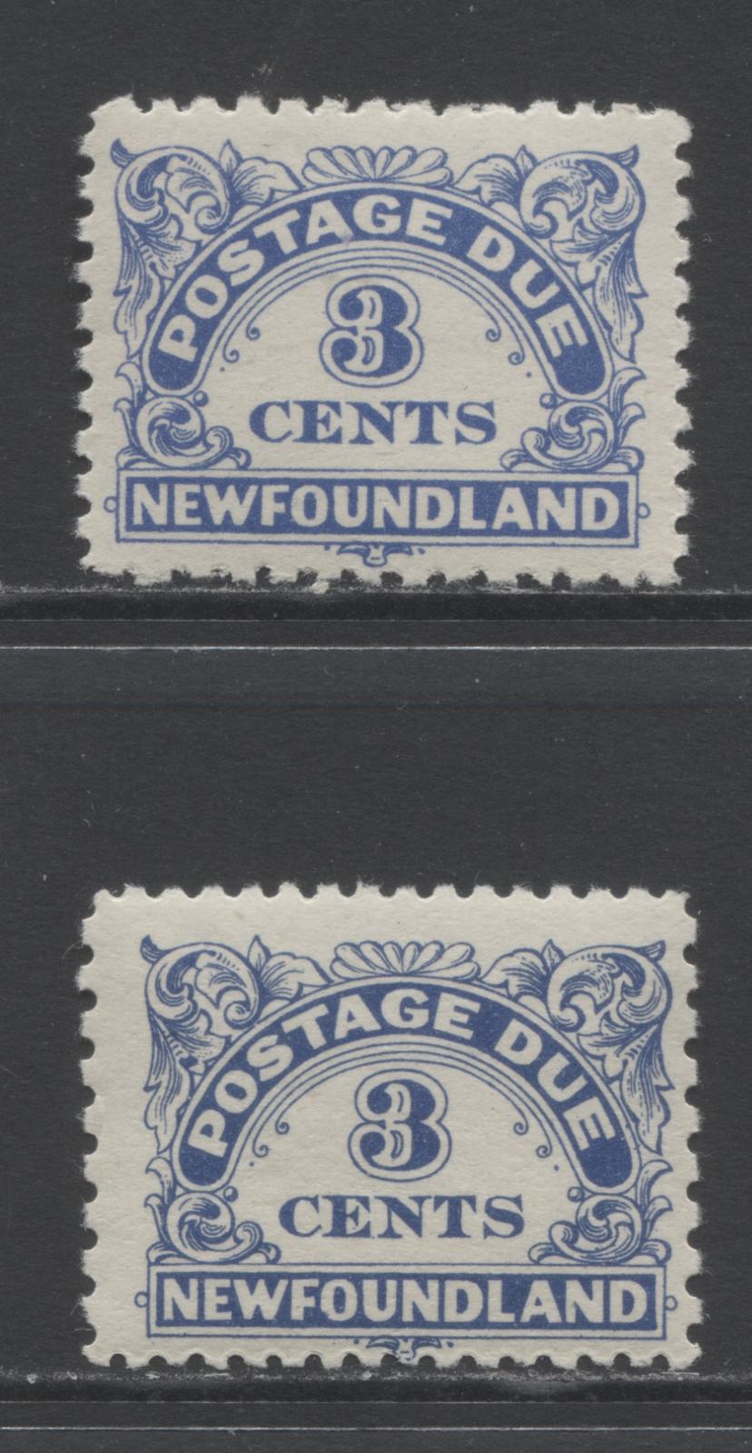 Lot 350 Newfoundland #J3-J3a 3c Ultramarine, 1939 Postage Dues, 2 Fine NH and VFNH Singles Showing Perfs 11x9 & 10-10.5