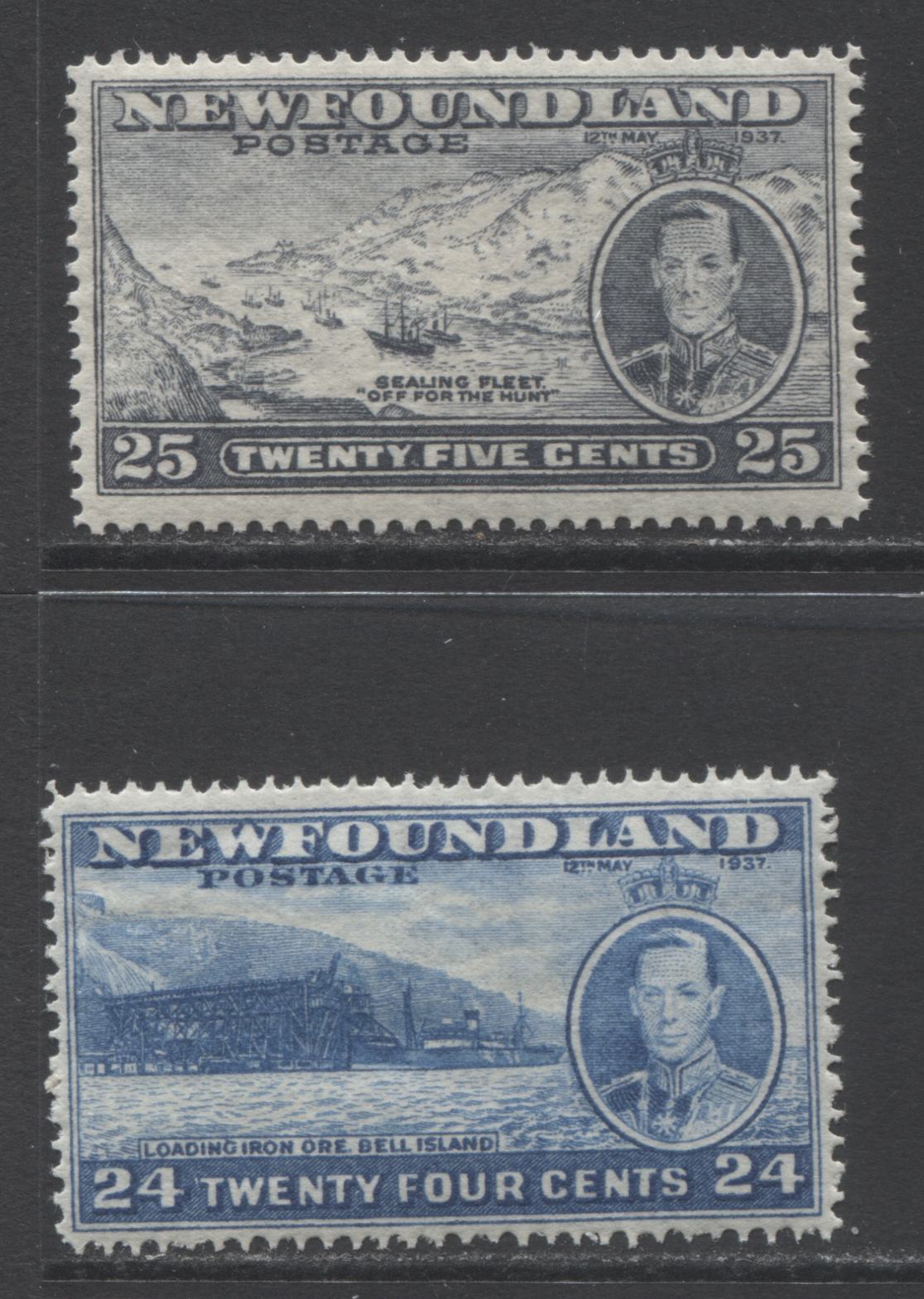 Lot 350 Newfoundland #241-242 24c & 25c Light Blue & Slate Loading Ore & Sealing Fleet, 1937 Long Coronation Issue, 2 VFNH Singles, Perf 13.9 & 14.25