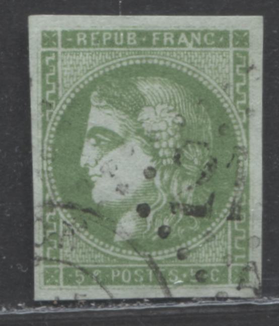 Lot 350 France SC#41c 5c Yellowish Green On Greenish Paper, Type A 1870-1871 Imperf Bordeaux Definitive Issue, A Very Fine Used Example, 2022 Scott Classic Cat. $3,250 USD, Click on Listing to See ALL Pictures