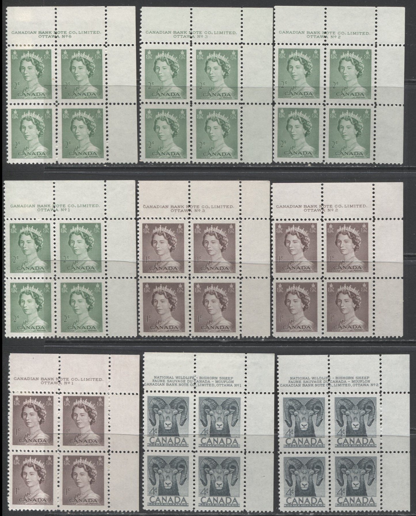 Lot 35 Canada #324-326 1c - 4c Violet Brown - Slate Queen Elizabeth II - Bighorn Sheep, 1953 Wildlife & Karsh Issues, 9 VFNH UR Plates 1-3, 6 Blocks Of 4