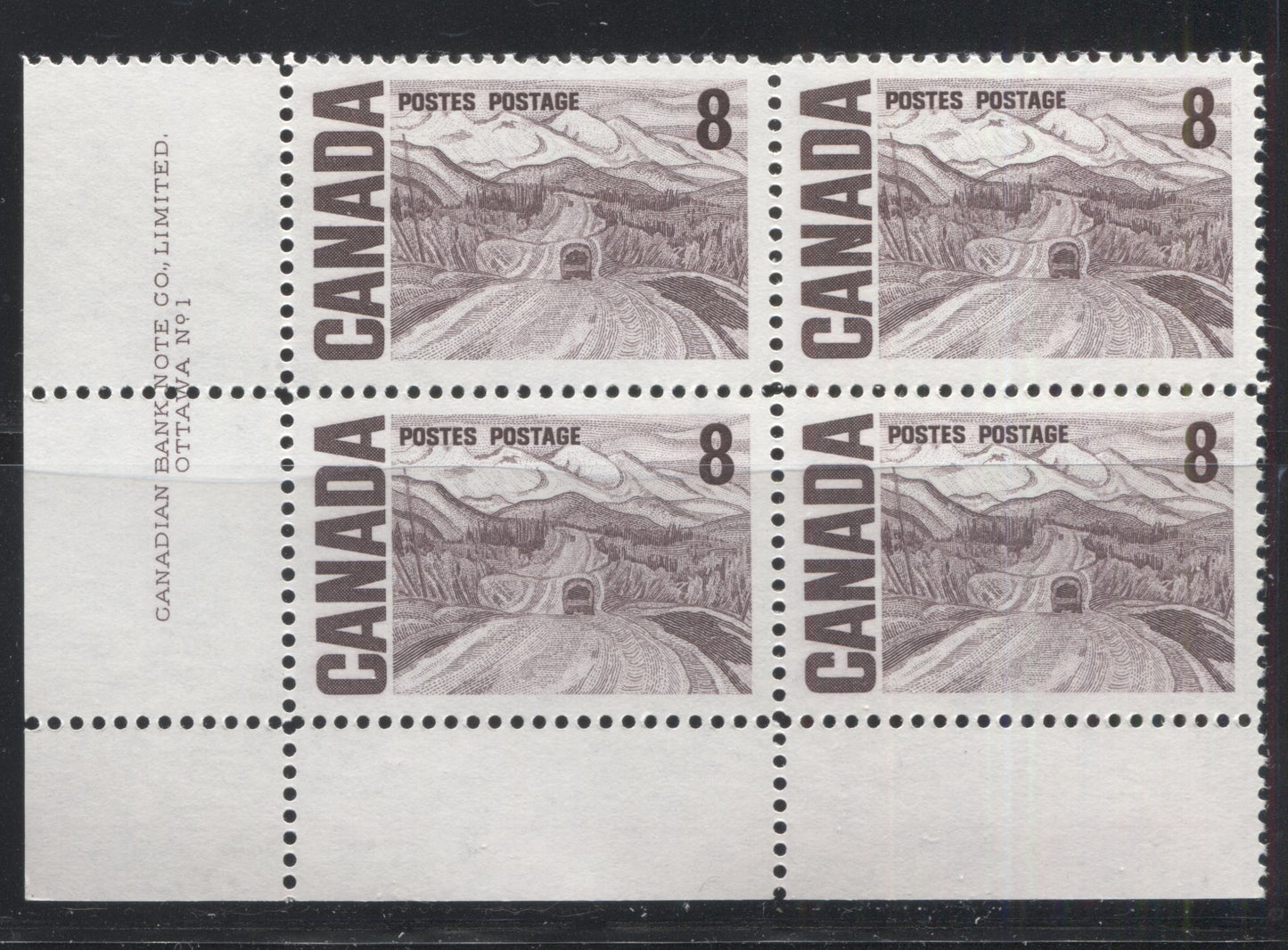 Lot 35 Canada #461iv 8c Violet Brown Alaska Highway, 1967-1973 Centennial Definitive Issue, A VFNH LL Plate 1 Block Of 4 On NF Violet, Vertical Wove, Vertical Ribbed Paper With Smooth Dex Gum