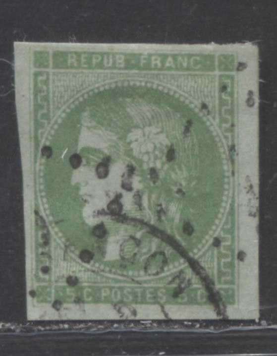 Lot 351 France SC#41c 5c Yellowish Green on Greenish Paper, Type A 1870-1871 Imperf Bordeaux Definitive Issue, A F/VF Used Example, 2017 Scott Cat $3,250 USD, Click on Listing to See ALL Pictures