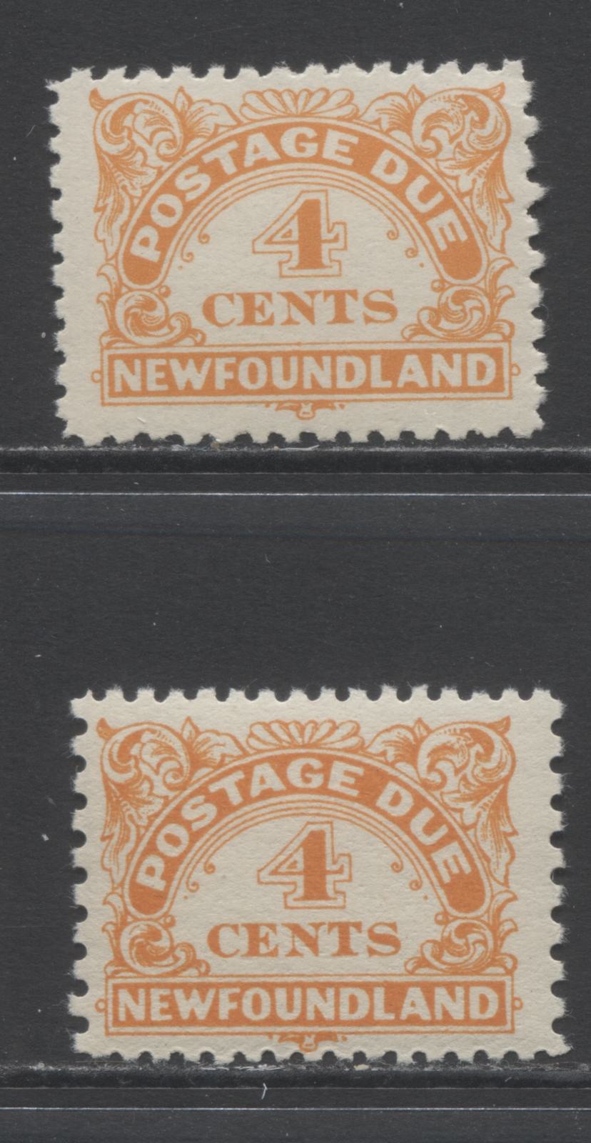 Lot 351 Newfoundland #J4-J4a 4c Yellow Orange, 1939 Postage Dues, 2 FNH Singles Showing Perfs 11x9 & 10-10.5