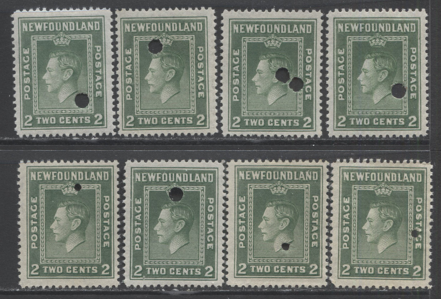 Lot 351 Newfoundland #254var 2c Green King George VI, 1941-1944 Second Resources Issue, Eight VFNH, Fine NH and Unused Examples   Requisition Proofs