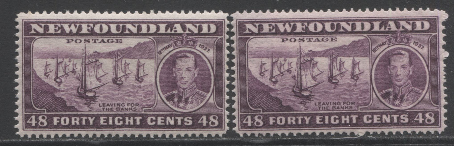 Lot 352 Newfoundland #243 48c Slate Purple Fishing Fleet, 1937 Long Coronation Issue, 2 VFNH Singles, Perfs 13.8 & 13.9